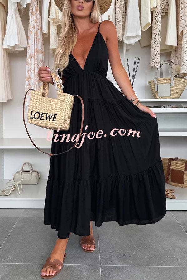 Bohemian Style V-neck Backless Slip Layered Vacation Maxi Dress