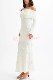 Timeless Sophistication Knit Off Shoulder Rose Detail Stretch Maxi Dress