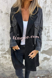 Fashion Lapel Long Sleeve Pocket Mid-length Denim Patchwork Jacket