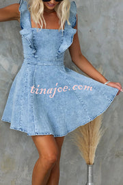 Sweet Secret Denim Square Neck Ruffle Sleeve Stretch Mini Dress