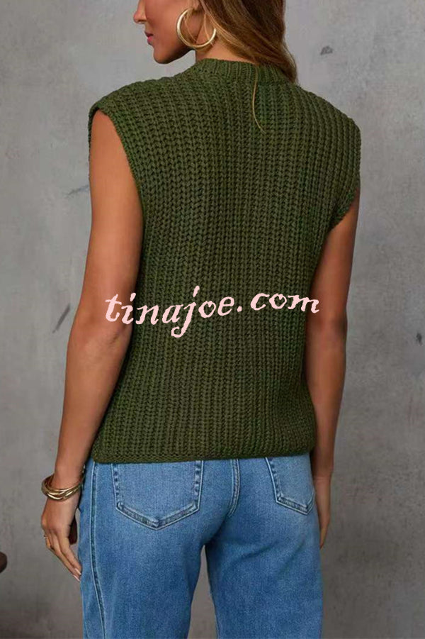 Solid Color Sleeveless Button Pocket Knit Vest