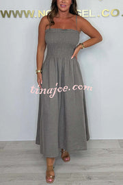 Solid Color Casual Short Jacket and Suspender Pleated Maxi Dress Set