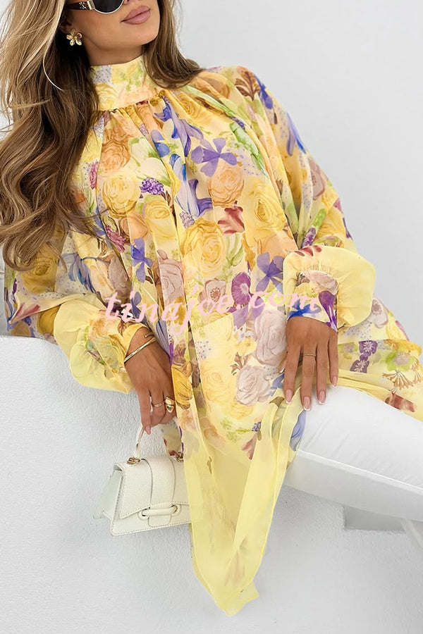 Chiffon Floral Print Turtleneck Long Sleeve Loose Top