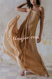 Island Soul Linen Blend One Shoulder Draped Braids Cover Up Maxi Dress