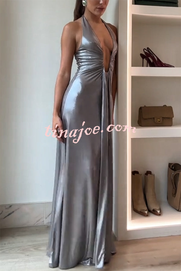 Sexy Silhouette Metallic Fabric Deep U-neck Halter Waterfall Sash Drape Maxi Dress