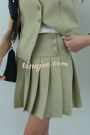 Solid Color Sleeveless Buttoned Vest and High-waisted Pleated Mini Skirt Set