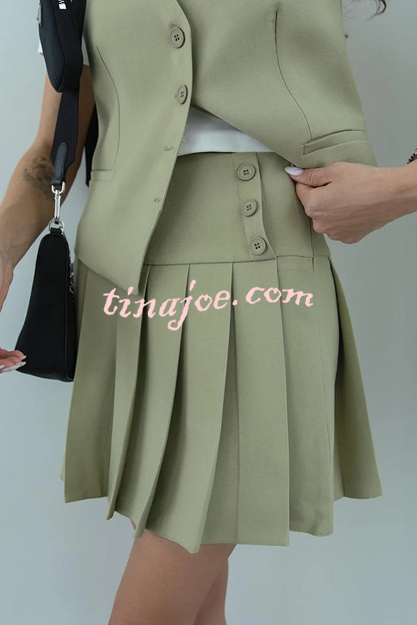 Solid Color Sleeveless Buttoned Vest and High-waisted Pleated Mini Skirt Set