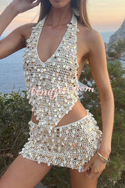 Sexy Halter Back Shell Sequined Top and Fitted Beach Mini Skirt Set