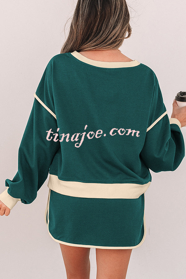 Fashion Round Neck Long Sleeve Spliced Casual Top and Elastic Waist Loose Shorts Set