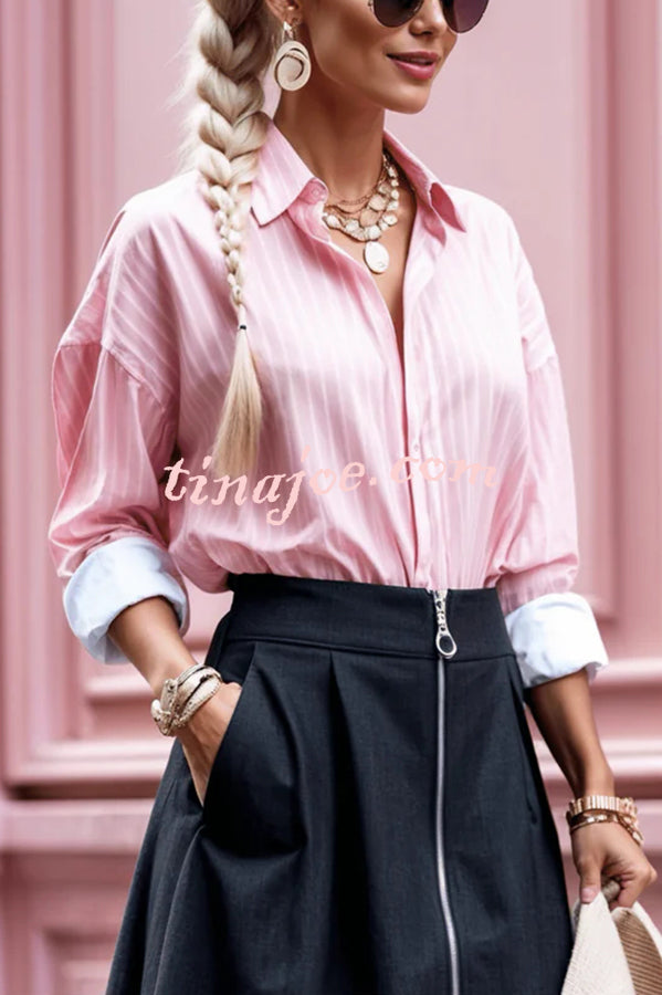 Effortless Charm Printed Button Down Long Sleeve Relaxed Blouse