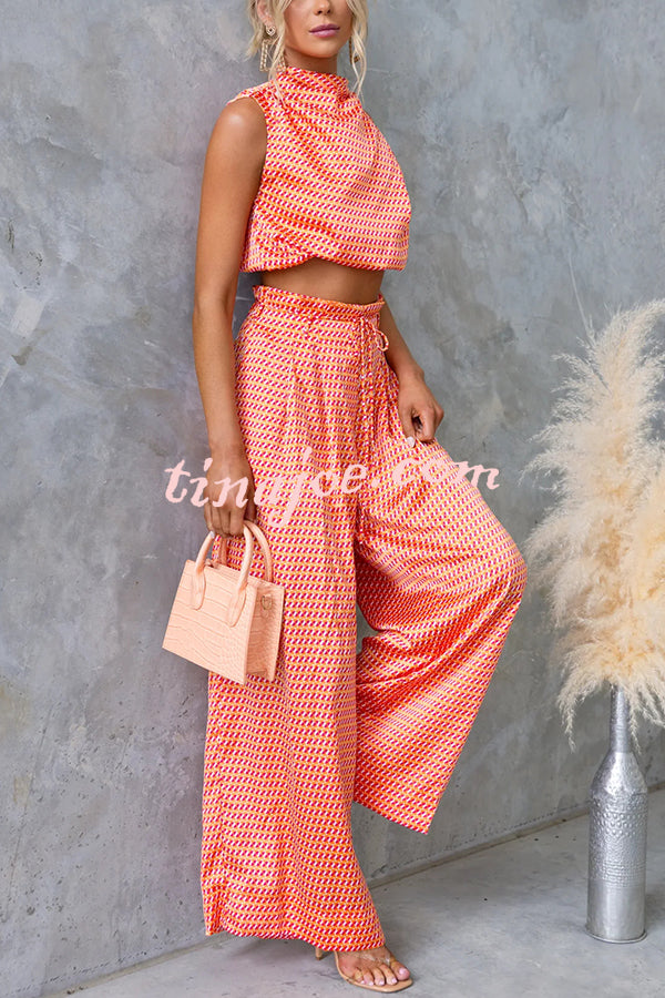 Girls Night Satin Printed High Neck Top and Elastic Tie-up Waist Pocket Wide Leg Pants Set
