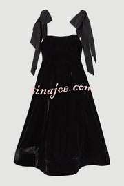 Romantic Type Velvet Bandeau Taffeta Bow Strap Pocketed Prom Maxi Dress