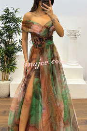 Jinnie Tulle Floral Feather Pendant Pleated Off Shoulder Slit Maxi Dress