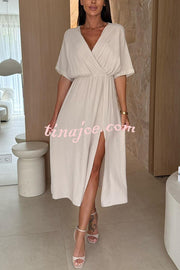 Linen Blend Solid Color V-neck Short Sleeve Waist Loose Slit Midi Dress