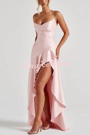 Solid Color Sexy Backless Lace-up Irregular Ruffled Maxi Dress