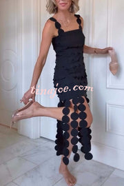 Best Dance Laser Cut Circle Embroidery Square Neck Tassle Trim Midi Dress