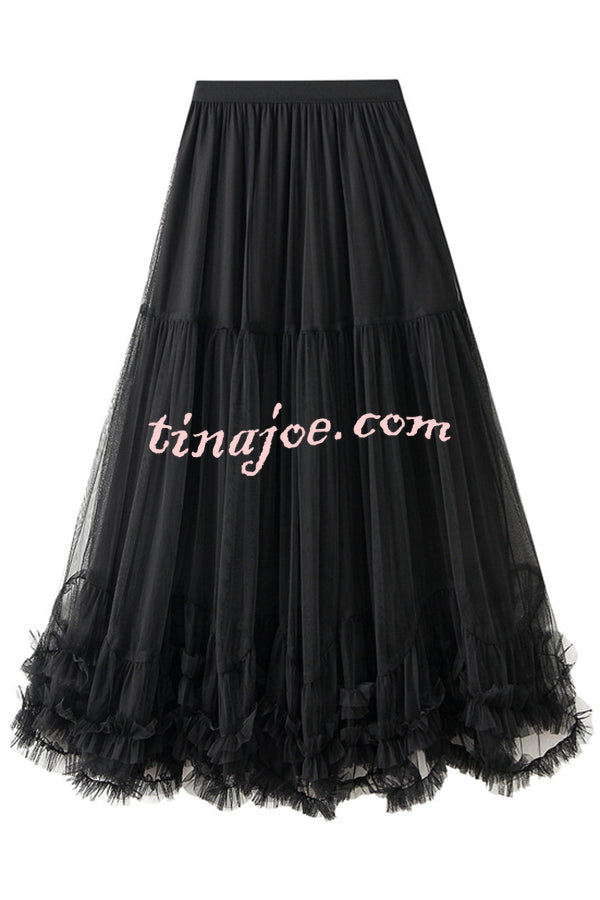 Elegant Tulle Stretch Waist Paneled Pleated Maxi Skirt