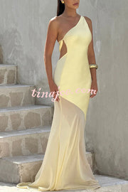 Fable Satin One Shoulder Back Adjustable Straps Contrast Chiffon Hem Maxi Dress