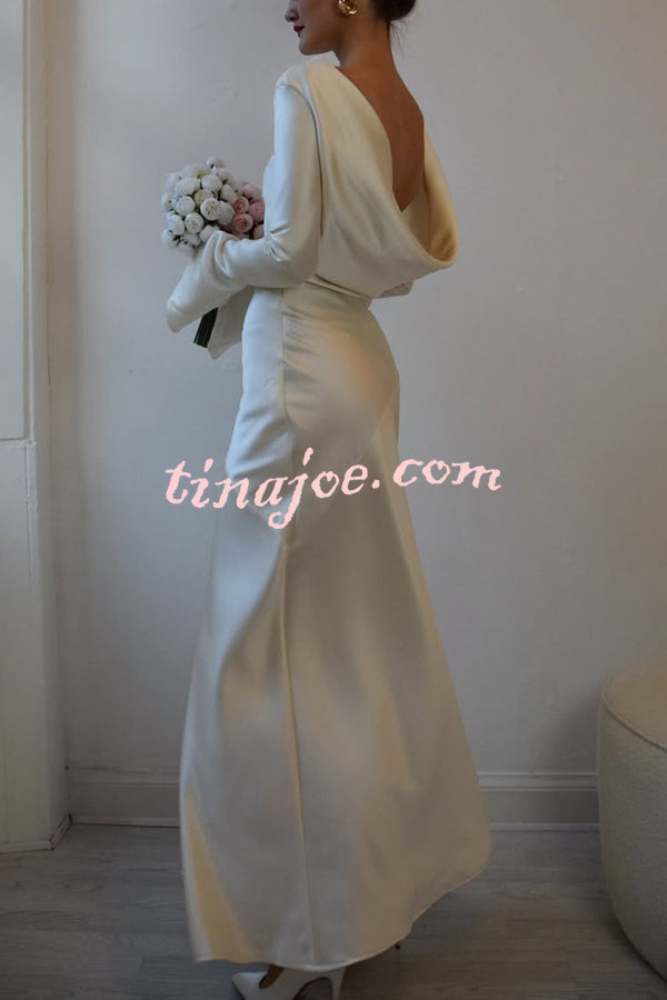 Satin Elegant Long-sleeved Open-back Slim-fit Slit Maxi Dress