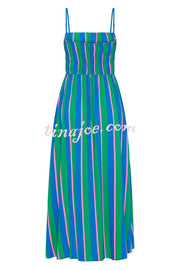 Gigi Linen Blend Stripe Elastic Bodice Pocket Loose Midi Dress