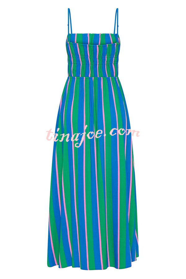 Gigi Linen Blend Stripe Elastic Bodice Pocket Loose Midi Dress