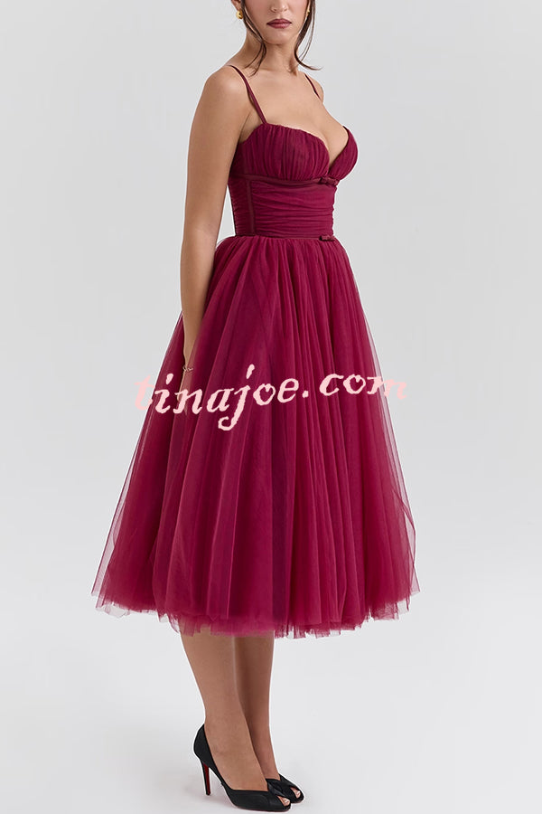 Royal Treatment Tulle Bows Detail Ruched Slip Midi Dress