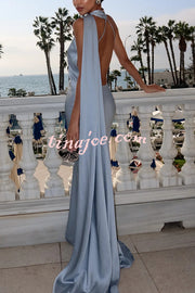 Crush on You Satin One Shoulder Backless Cape Maxi Dress