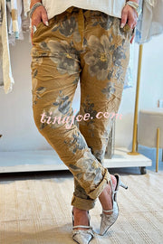 Floral Print Elastic Waist Casual Pocket Pants