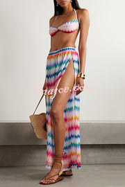 Colorful Zigzag Pattern Halter Neck Stretch Bikini and Elastic Waist Slit PantsThree-Piece Set