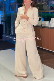 Linen Blend Lapel Long Sleeve Button Pocket Wide Leg Jumpsuit