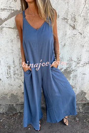 Linen Blend Solid Color Suspenders Loose Pockets Casual Wide-leg Jumpsuit