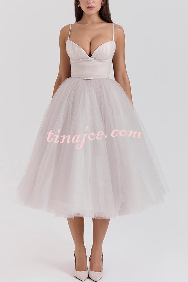 Royal Treatment Tulle Bows Detail Ruched Slip Midi Dress