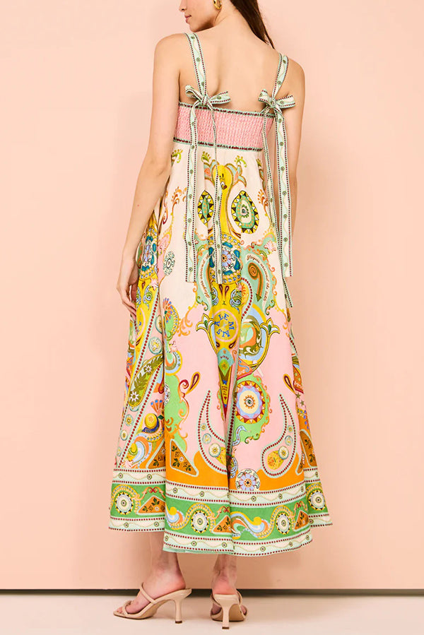 Summer Serenade Linen Blend Unique Print Tie-up Strap Smocked Pocketed Maxi Dress