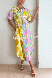 Travel Effortlessly Linen Blend Floral Patchwork Shirt Midi Dress