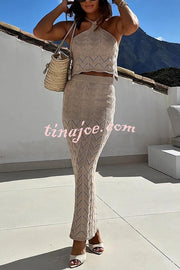 Solid Knit Hollow Halter Top and Stretch Fit Maxi Skirt Set