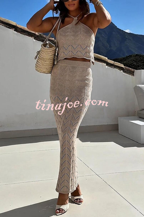 Solid Knit Hollow Halter Top and Stretch Fit Maxi Skirt Set