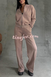 Solid Color Casual Long Sleeve Zipper Jacket and Elastic Waist Pocket Wide Leg Pants Set