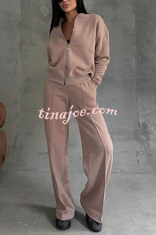 Solid Color Casual Long Sleeve Zipper Jacket and Elastic Waist Pocket Wide Leg Pants Set