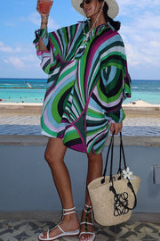 Lorrie Unique Print Button Slit Tie-up Sleeve Oversized Shirt Mini Dress
