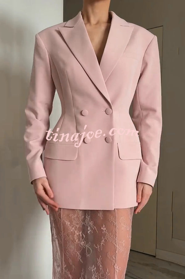 Solid Color Lapel Long Sleeve Waist Double-breasted Blazer