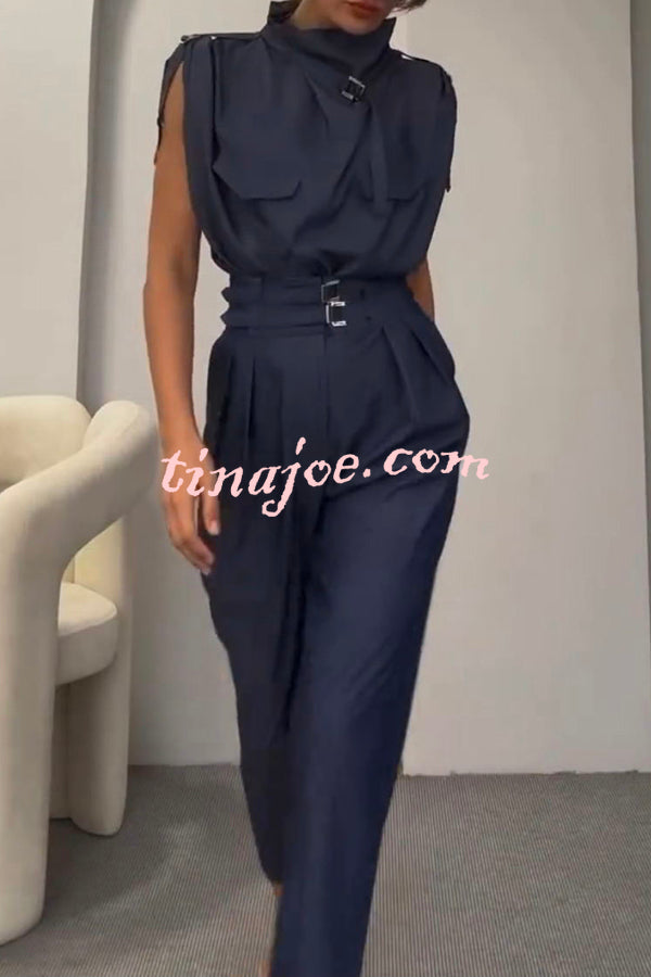 Statement Breast Pocket High Neck Top and Side Pocket Belt Long Pant Set