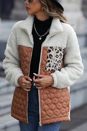 Casual Patchwork Plush Long Sleeve Leopard Print Pocket Loose Zipper Jacket