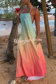 Sea goddess Gradient Print Pleated Halter Backless A-line Maxi Dress