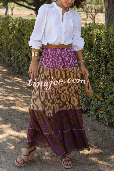 Resort Style Unique Print Elastic Waist Loose Stitching Maxi Skirt