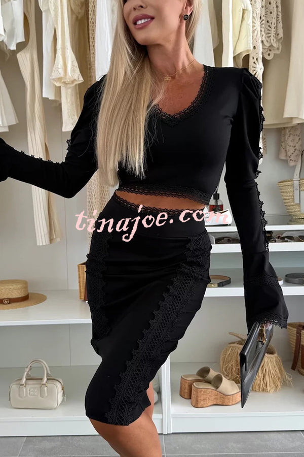 Career Beauty Lace Paneled Long Bell Sleeve Crop Top and High Rise Mini Skirt Set