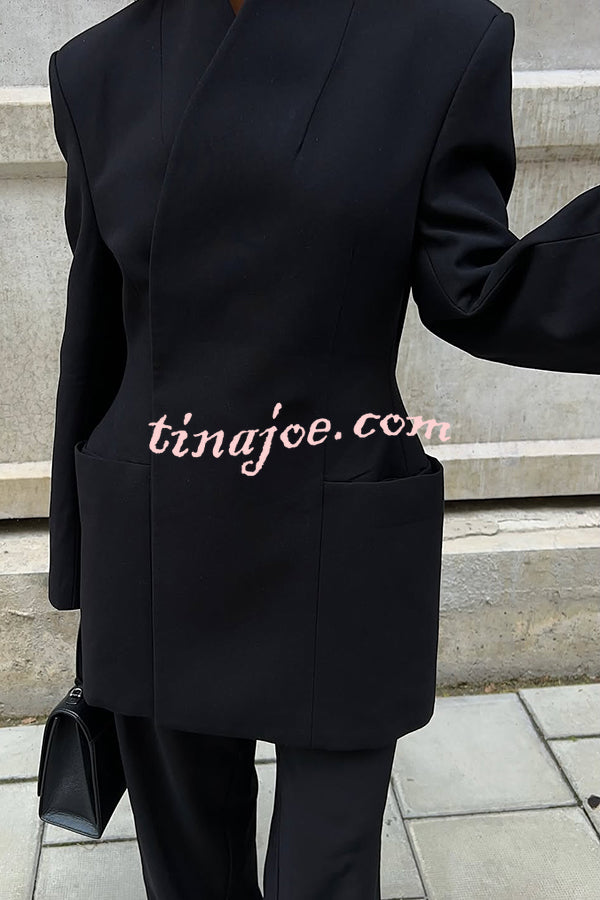Solid Color Lapel Long Sleeve Casual Pocket Long Blazer