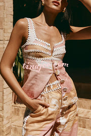 European Summer Linen Blend Ric Rac Trims Unique Print Button Tank