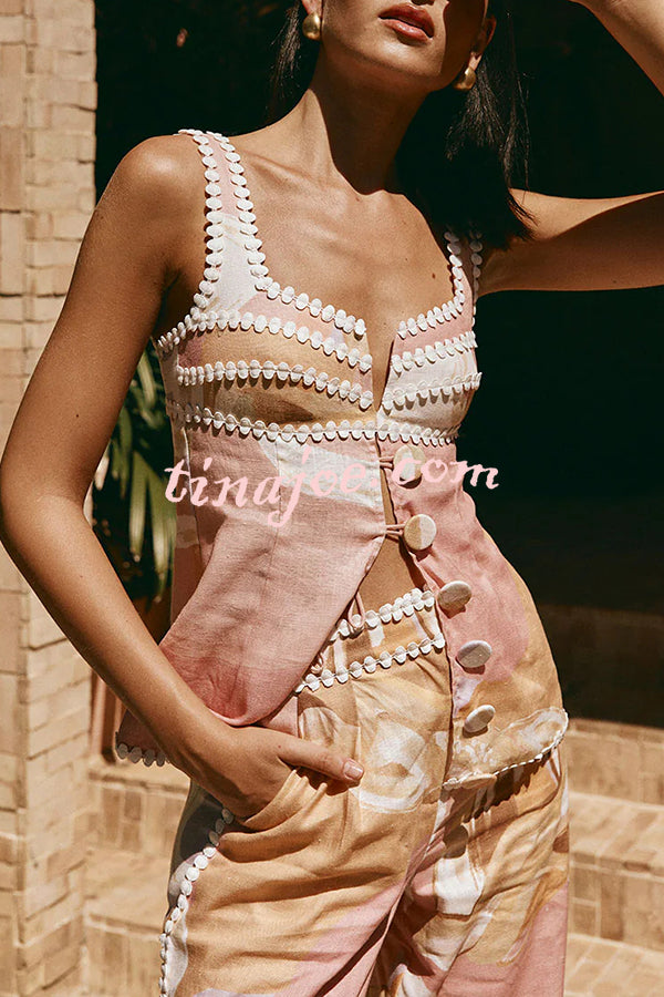 European Summer Linen Blend Ric Rac Trims Unique Print Button Tank