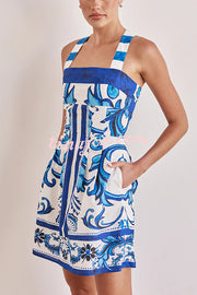 Channeling Summer Linen Blend Unique Print Wide Strap Pocketed Mini Dress