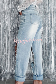 Casual Pocket Ripped Chain Embellished Straight Jeans